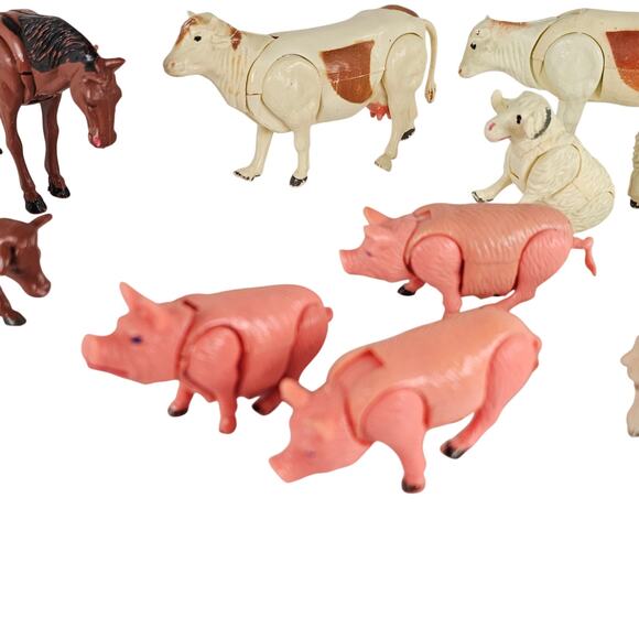 Vintage Hinged Plastic Farm Animal Lot of 11 1970s Cow Pig Sheep Made Hong Kong - Picture 4 of 14